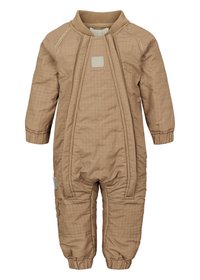 Brun quiltet baby-snowsuit med lange ermer, ribbestrikket krage, frontsømdetaljer, og elastiske mansjetter og ankler. Rektangulært logo-merke.