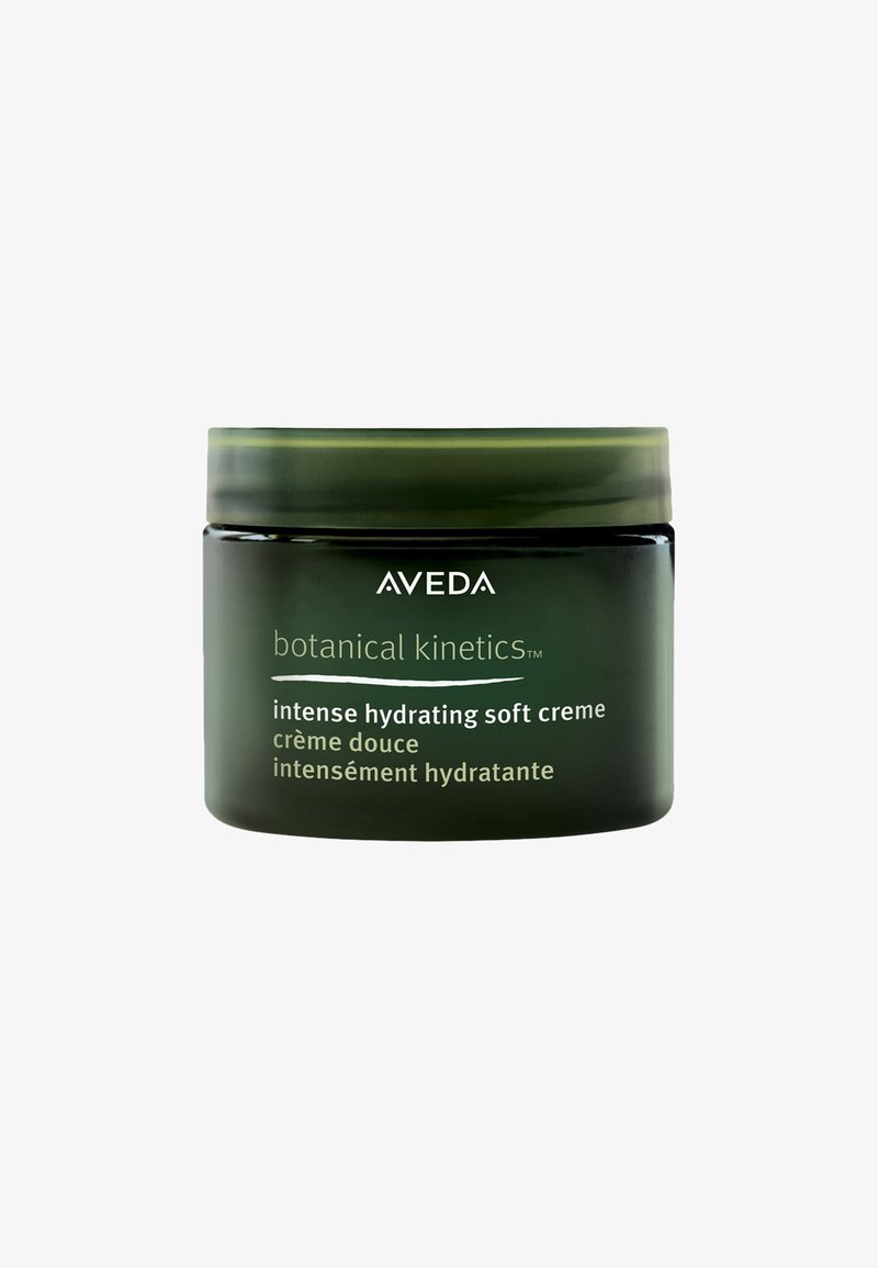 Crème douce hydratante intense Aveda Botanical Kinetics dans un pot rond, vert foncé avec des étiquettes en texte blanc en anglais et en français.