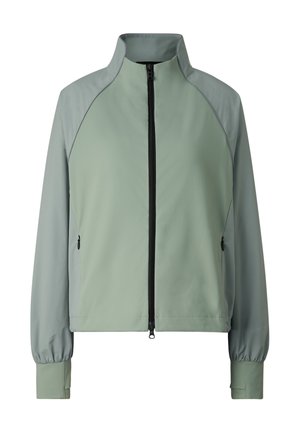Light green zip-up athletic jacket with high collar, long raglan sleeves, elastic cuffs, and zippered side pockets.