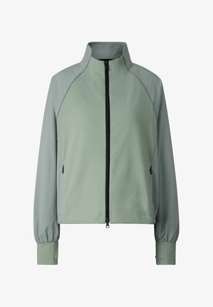Hellgrüne, sportliche Jacke zum Aufzippen mit hohem Kragen, langen Raglanärmeln, elastischen Bündchen und Reißverschlusstaschen an den Seiten.