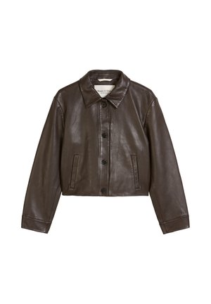 Brown leather cropped jacket with a button front, large collar, two front pockets, and long sleeves. Smooth texture with a sleek design.