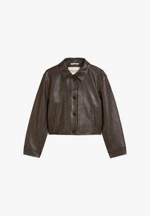 Brown leather cropped jacket with a button front, large collar, two front pockets, and long sleeves. Smooth texture with a sleek design.