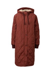Gequilteter langer Mantel in tiefem Burgunderrot, mit Kapuze, Druckknöpfen und gerippten Bündchen. Das weiche Fleece-Futter sorgt für Wärme und Komfort.