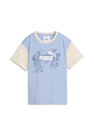 Jasnoniebieska i kremowa koszulka z krótkim rękawem z ilustracjami Dory poznawczyni i Butsa oraz białym logo Puma z przodu.