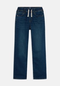 Vaqueros de mezclilla azul oscuro con cinturilla elástica, cordón, cinco bolsillos y detalles de costura en contraste. Corte recto.