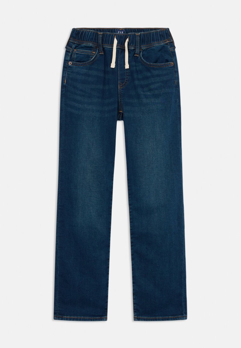 Vaqueros de mezclilla azul oscuro con cinturilla elástica, cordón, cinco bolsillos y detalles de costura en contraste. Corte recto.
