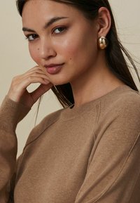 Brun strikket sweater med rund halsudskæring, der har en blød tekstur. Gyldne udsmykkede øreringe komplimenterer looket. Enkelt, naturligt makeup.