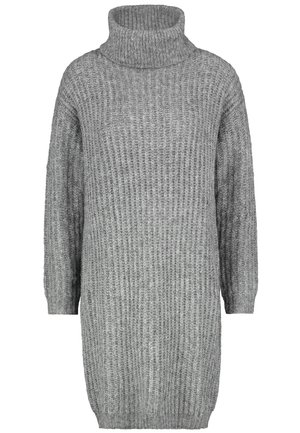 Gray, knitted sweater dress featuring a high turtleneck, ribbed texture, and long sleeves, with a loose, relaxed fit.