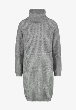 Graues, gestricktes Sweatdress mit hohem Rollkragen, gerippter Textur und langen Ärmeln, mit einem lockeren, entspannten Schnitt.