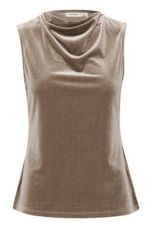 Varrukateta taupe sametist top koos drapeeritud kaeluse ja liibuva taljega.