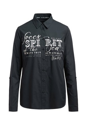 Schwarzes Langarmhemd mit Button-down-Kragen. Verfügt über weiße Textgrafiken auf der Vorderseite und verstellbare Manschetten. Glatte Stoffstruktur.