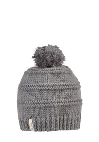Gray knitted beanie with a textured pattern and a pom-pom on top, featuring a ribbed cuff and a small label stitched on the side.