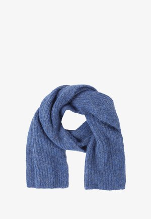 Chunky blauwe gebreide sjaal van zachte wol, met een ribbeltextuur en een lusontwerp voor gemakkelijke styling en warmte.