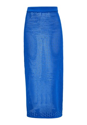 Fustă din plasă albastră, tip creion, cu un brâu elastic ribbed și o siluetă ajustată, prezentând un design texturat, cu țesătură deschisă pe întreaga suprafață.