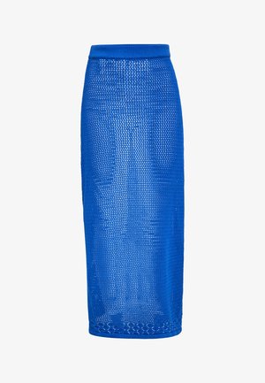 Blauwe gaas potloodrok met een geribbelde elastische tailleband en een aansluitende pasvorm, met een gestructureerd, open geweven ontwerp overal.
