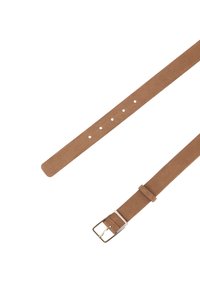 Brown suede belt with a silver metal buckle. Features five holes for size adjustment and a smooth texture throughout its length.