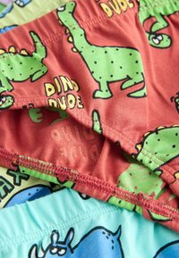 Gros plan sur des sous-vêtements pour enfants colorés avec des dinosaures dessinés en vert et le texte « Dino Dude » sur un tissu rouge et bleu.