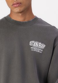 Gray sweatshirt with round neck, featuring white STAN RAY logo and text on the left chest. Soft texture, casual fit.