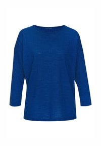Blaues Langarmshirt aus strukturiertem Stoff. Es hat einen runden Halsausschnitt und eine lockere Passform mit überschnittenen Schultern.