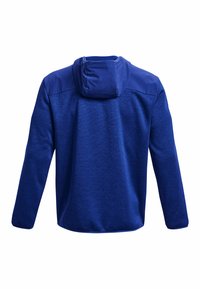 Langarmiger blauer Hoodie mit glatter Textur, ausgestattet mit einer Kapuze und kontrastierenden Schulterakzenten. Einfaches Design mit regularer Passform.