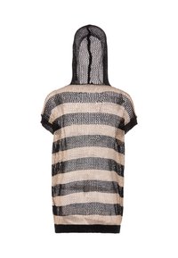 Mesh hoodie med et stribet mønster i sort og beige. Har korte ærmer og en oversized pasform. Letvægts og åndbar tekstur.