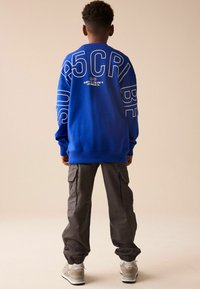Blå sweatshirt med vit text och grafik på ryggen; kombinerad med grå cargo-byxor och ljusa sneakers. Slät tyg, avslappnad passform.