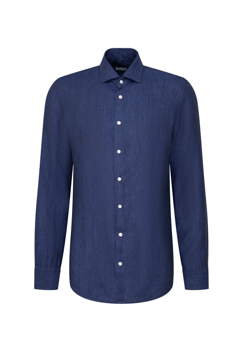 Camicia a maniche lunghe blu navy in lino, con colletto a punta, chiusura con bottoni e texture liscia. I bottoni sono bianchi.
