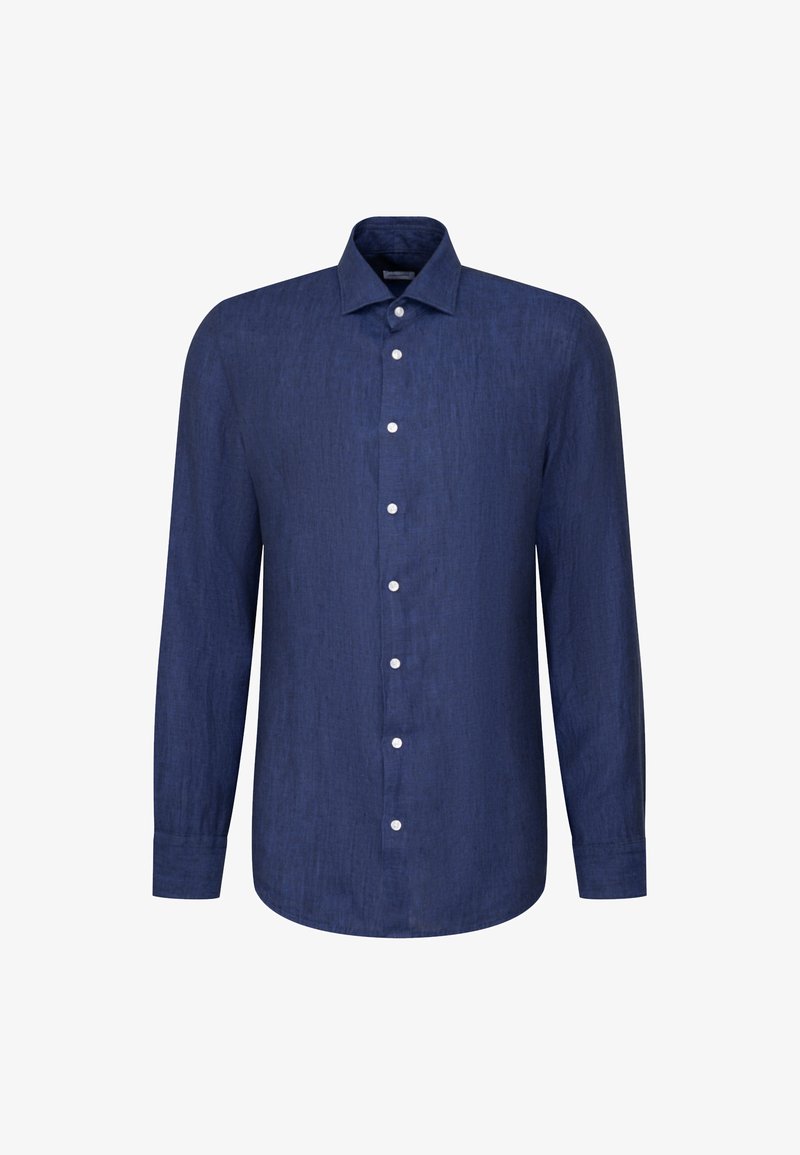 Camicia a maniche lunghe blu navy in lino, con colletto a punta, chiusura con bottoni e texture liscia. I bottoni sono bianchi.
