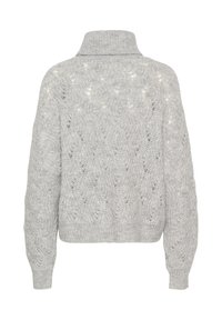 Lichtgrijs gebreid sweater met een hoge kraag, een losse pasvorm en een intricaat opengehaakt patroon. Ribgebreide mouwen en zoom maken het ontwerp compleet.