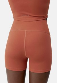 Shorts in a rust color with a smooth texture, featuring a high-rise waistband and flat seams for comfort. Subtle branding detail on the back.