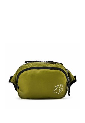 Compact olijfgroene heuptas met zwarte ritsen, verstelbare riem en wit pootafdruklogo op de voorzak.