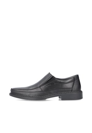 Black leather slip-on shoe with a smooth finish, stitched detailing, and a low profile rubber sole. Features elastic side panels for easy wear.