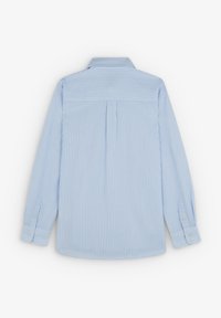 Camicetta azzurra chiara a maniche lunghe con strisce bianche, polsini con bottone e una piega sul retro. Realizzata in tessuto texture.