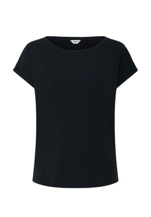 Must mustast lühikeste varrukatega puuvillane t-särk, millel on ümmargune kaelus ja krae siseküljel väike valge brändisilt.