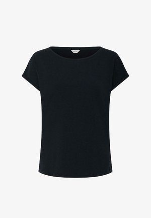 Must mustast lühikeste varrukatega puuvillane t-särk, millel on ümmargune kaelus ja krae siseküljel väike valge brändisilt.