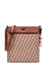 Béžová a hnědá kabelka přes rameno s geometrickým vzorem, nastavitelným popruhem, přední kapsou na zip a ozdobným zipovým táhlem ve tvaru cik-cak.