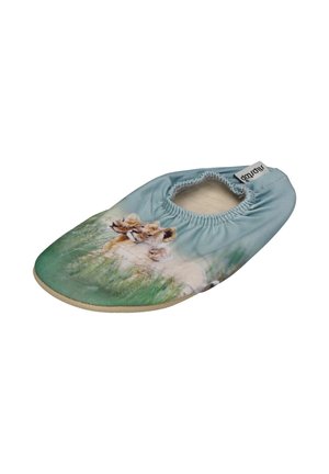 Soft fabric slipper with elastic opening, featuring a printed image of three lion cubs resting in grass on a light blue background.