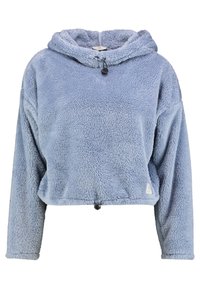 Modrá roztržitá krátká mikina s kapucí se šňůrkou, dlouhými rukávy a texturovanou tkaninou. Na lemu je černý uzávěr.