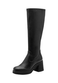 Botte noire jusqu'au genou en cuir lisse avec un bout arrondi et un talon épais, présentant un design épuré et des détails de couture minimalistes.