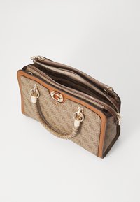 Brown patterned handbag with a gold-tone logo, dual zippers, and a braided handle. Features tan accents and a textile texture.