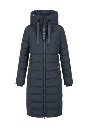 Marineblauwe lange pufferjas met ritssluiting, hoge kraag, verstelbare capuchon en zijzakken. Kenmerkt zich door een gestikt patroon en elastische manchetten.