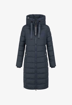 Granatowy długi puchowy płaszcz z zapięciem na zamek, wysokim kołnierzem, kapturem ze sznurkiem i bocznymi kieszeniami. Posiada pikowany wzór i elastyczne mankiety.