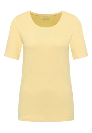 Kortærmet, bleg gul t-shirt med rund hals, enkel, glat tekstur og almindelig pasform.
