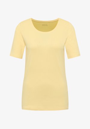 Kortærmet, bleg gul t-shirt med rund hals, enkel, glat tekstur og almindelig pasform.