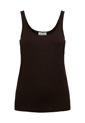 Zwarte mouwloze tanktop met ronde halslijn en zichtbaar merkembleem binnenin de kraag op een witte achtergrond.