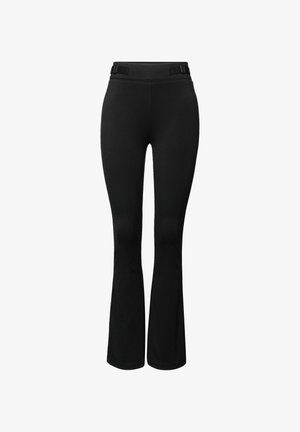 Pantalon noir en tissu doux et extensible. Coupe ajustée avec jambes évasées et deux détails en métal sur la ceinture.