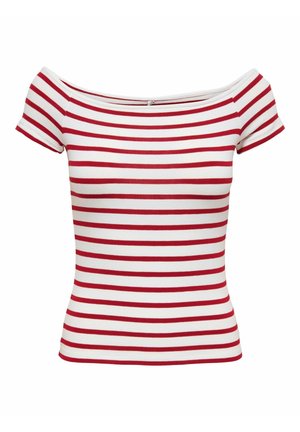 Haut à épaules dénudées à manches courtes en blanc avec des rayures horizontales rouges. Fabriqué en tissu doux, de coupe ajustée, et avec un petit détail de fermeture au dos.