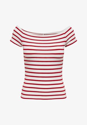 Biele off-the-shoulder tričko s krátkym rukávom a červenými vodorovnými prúžkami. Vyrobené z mäkkého materiálu, priliehavý strih a malý detail zapínania na zadnej strane.