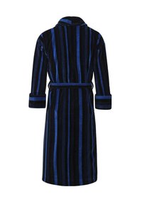 Navy and blue striped bathrobe made of plush fabric, featuring a shawl collar, long sleeves, and a tied belt at the waist.