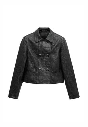 Czarna marynarka ze sztucznej skóry krokodyla z podwójnym zapięciem na guziki, długimi rękawami, kołnierzem i dwoma przednimi kieszeniami.